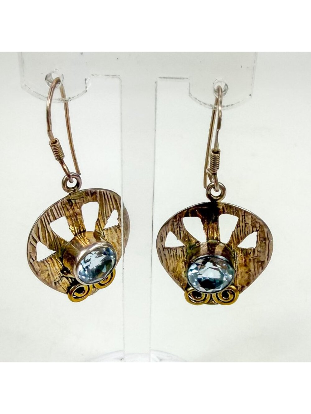 Two Tone Sterling Silver Light Blue Rhinestone Dangle Earrings With Textured Cut